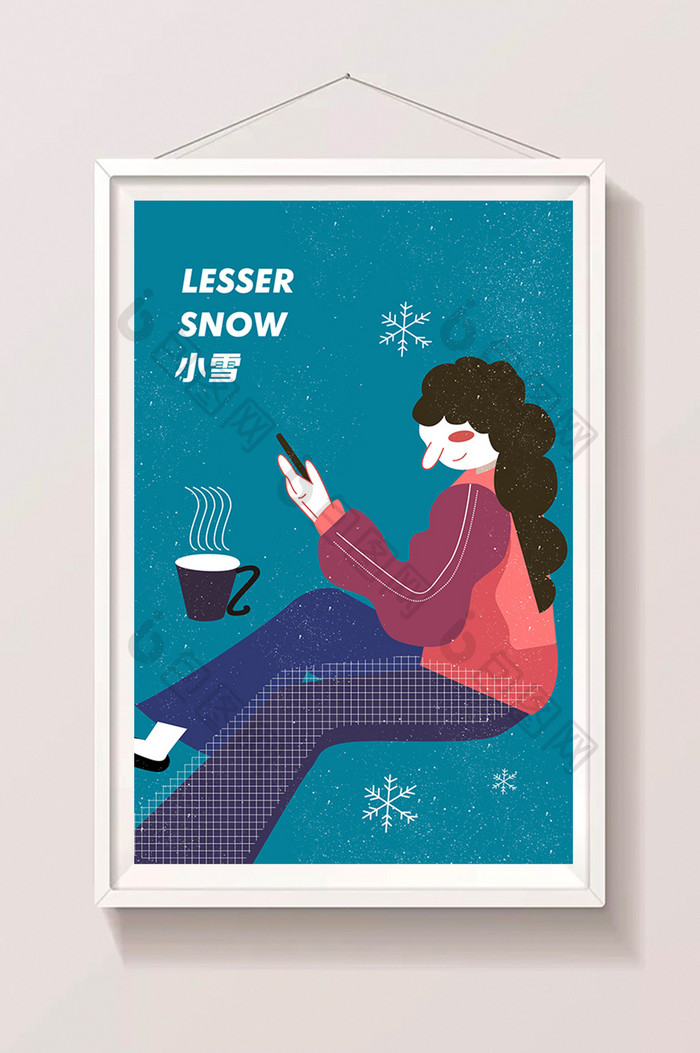 蓝色小雪冬天温暖喝咖啡插画