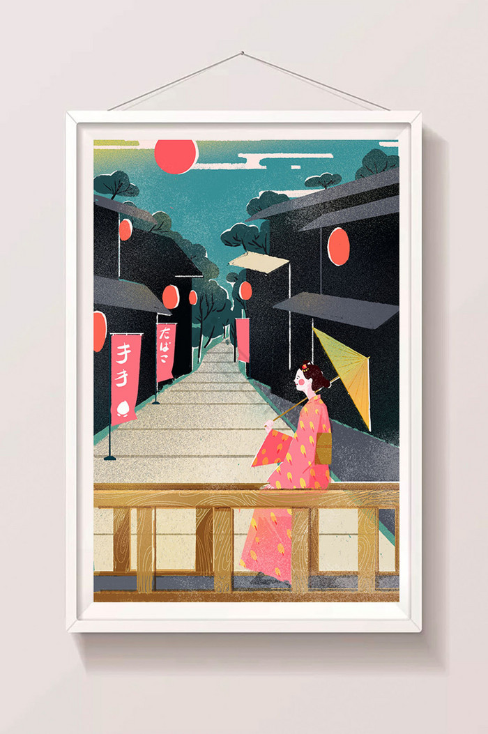 版画日本浮世绘街道插画图片