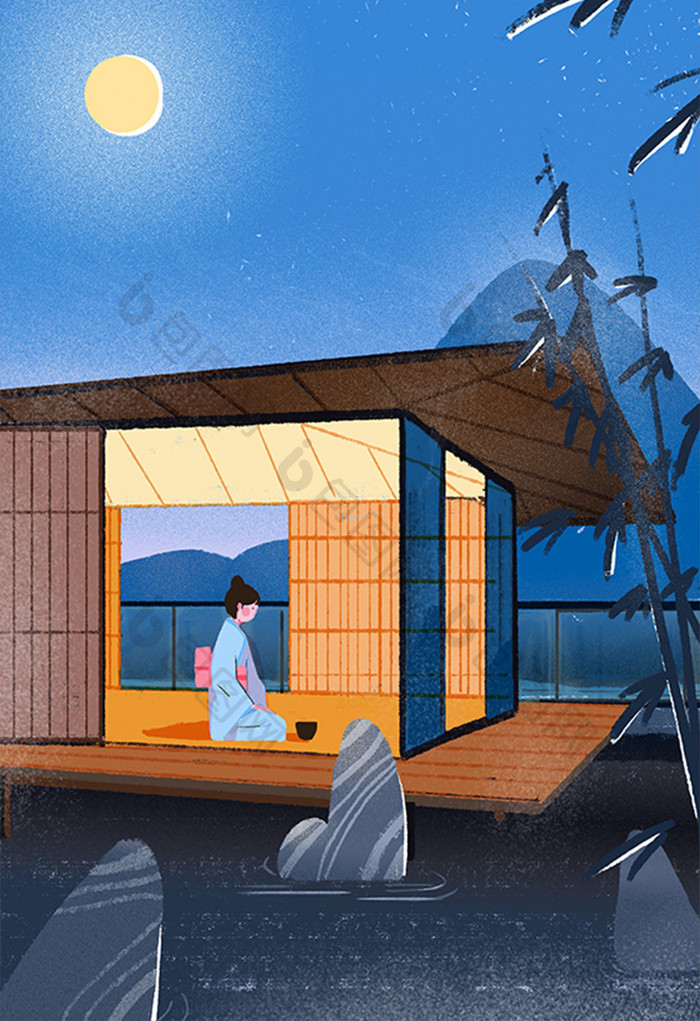 版画风格日本浮世绘夜晚高山房风景插画