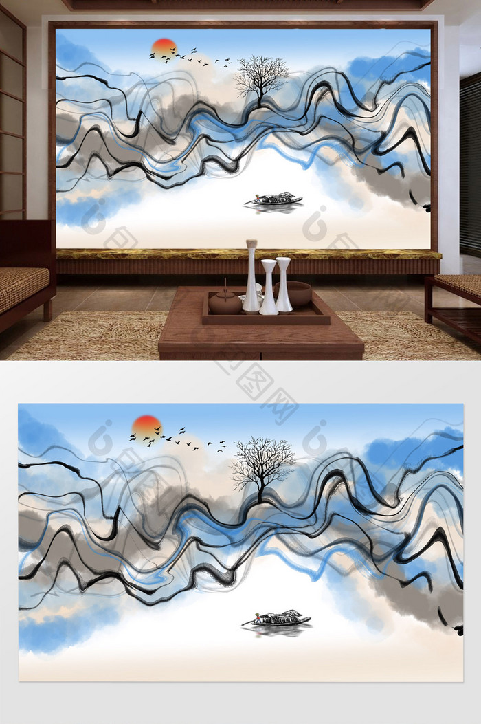 新中式简约水墨抽象山水画背景墙