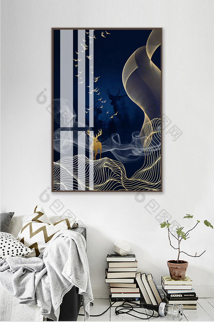 现代简约风景麋鹿金色客厅装饰画晶瓷画
