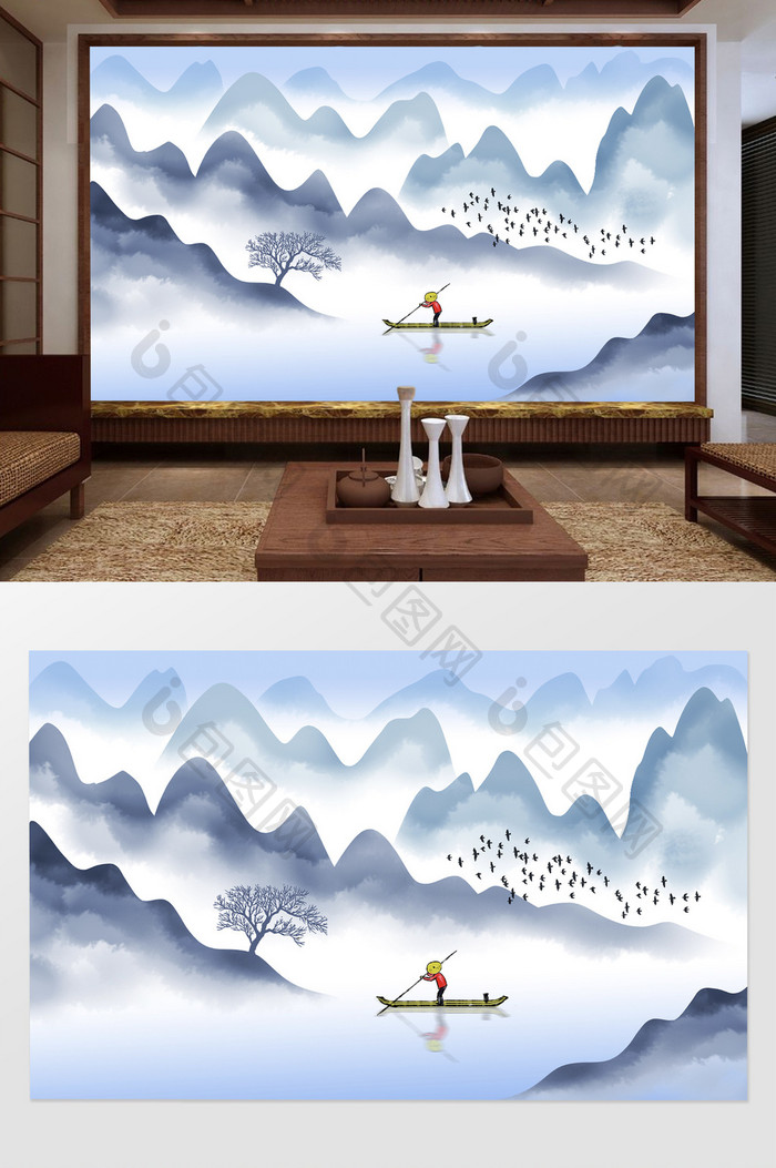 中式意境水墨山水画背景壁画