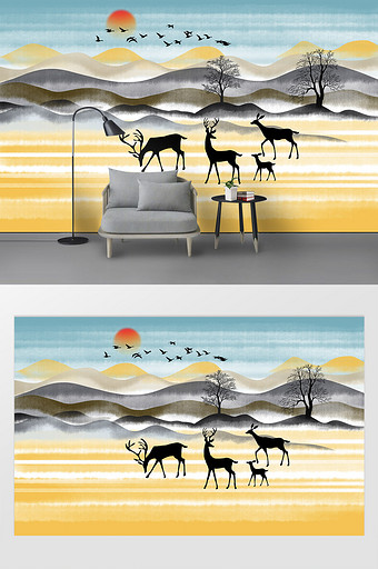 现代简约山水麋鹿风景画背景墙图片