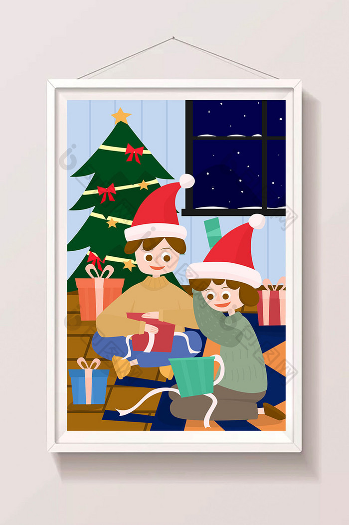 圣诞节节日圣诞树小孩儿童拆礼物场景插画