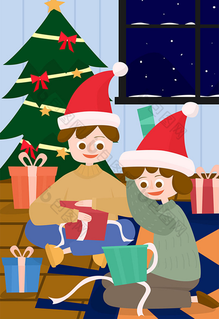 圣诞节节日圣诞树小孩儿童拆礼物场景插画
