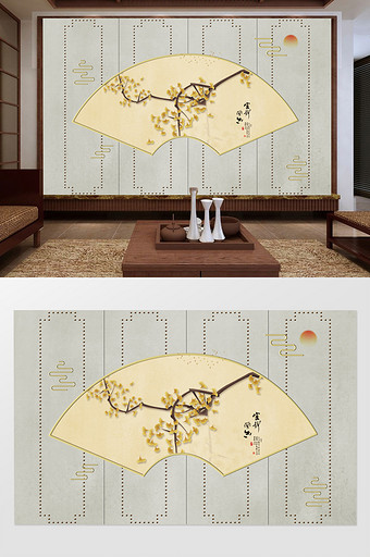银杏手绘工笔花鸟新中式古典背景墙图片