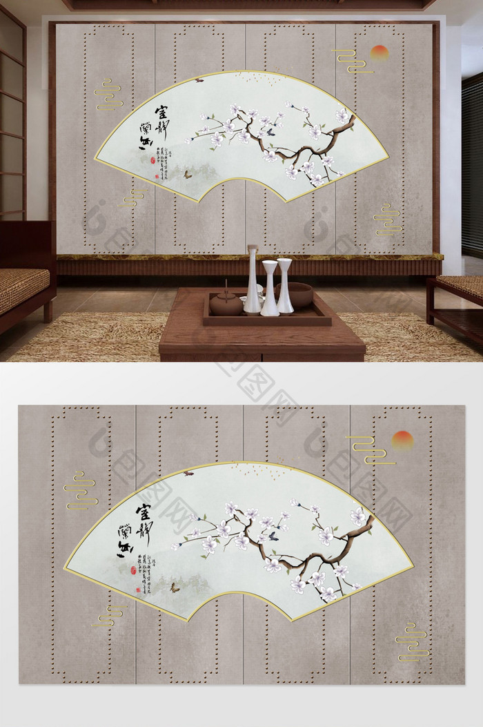 玉兰新中式手绘工笔花鸟背景墙装饰画