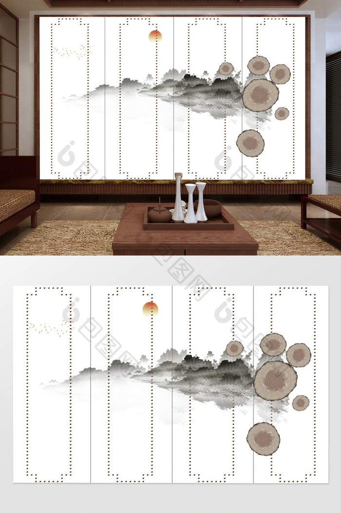 新中式抽象水墨山水小鸟电视沙发背景墙