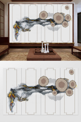 新中式抽象金色线条意境山水倒影电视背景墙