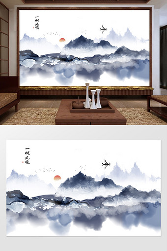 新中式水墨国画抽象山水意境壁画背景墙图片