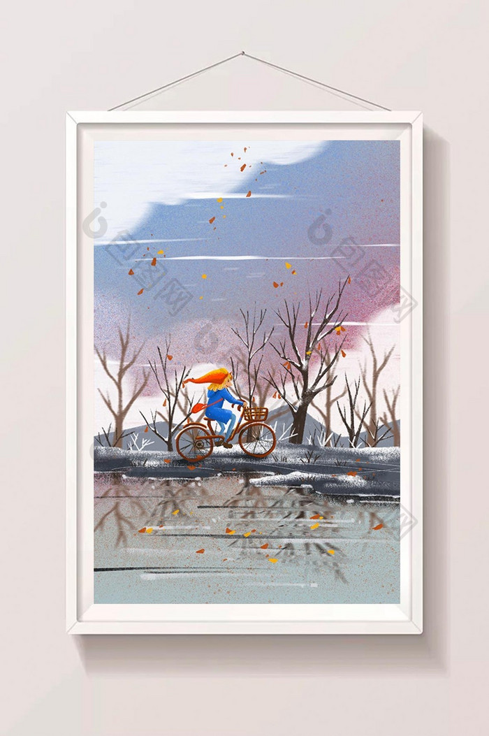 蓝色清新冬日自行车女孩手绘插画素材