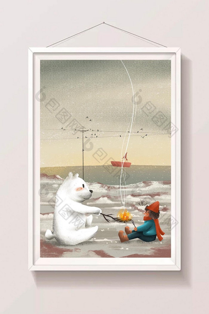 灰色冬日海边北极熊女孩手绘卡通插画素材
