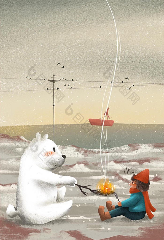 灰色冬日海边北极熊女孩手绘卡通插画素材