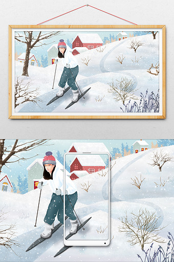 冷色唯美清新女孩雪中滑雪插画图片