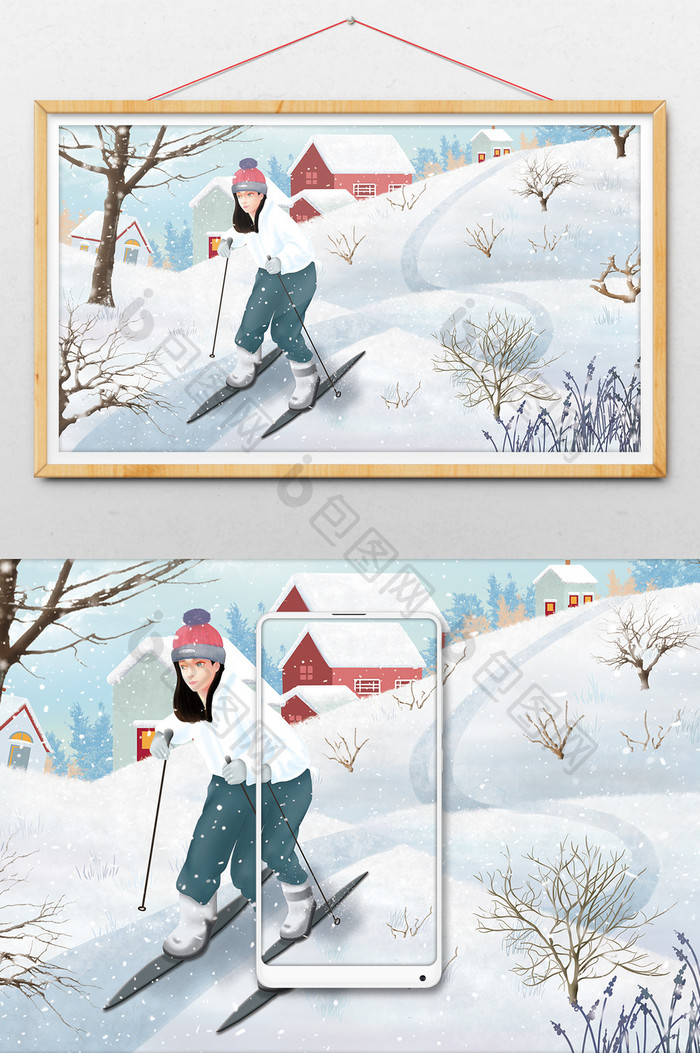 冷色唯美清新女孩雪中滑雪插画