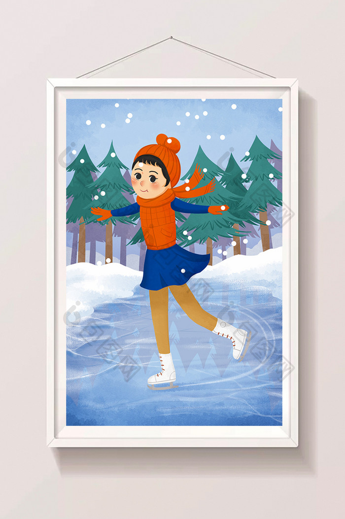 唯美清新生活方式少女冬季滑冰插画