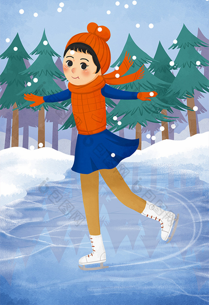 唯美清新生活方式少女冬季滑冰插画