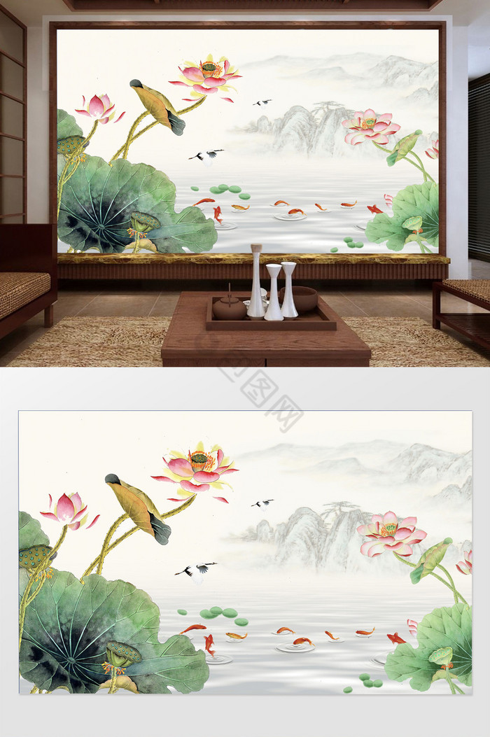 新中式水墨荷花鲤鱼背景墙定制图片