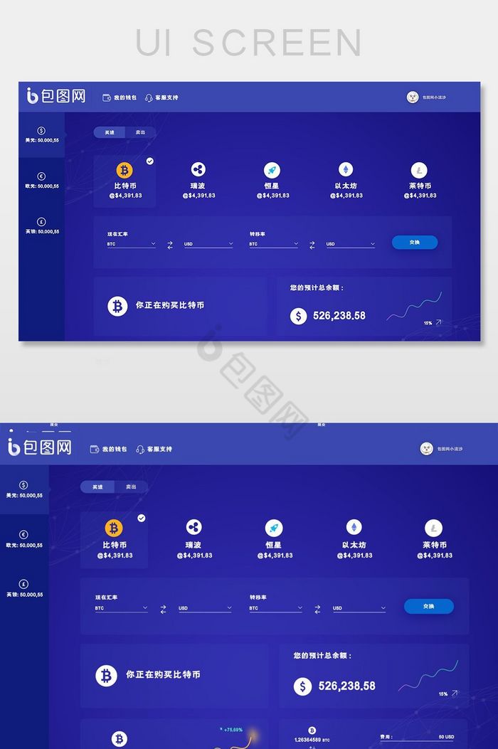 蓝色比特币虚拟货币交易后台设计图片