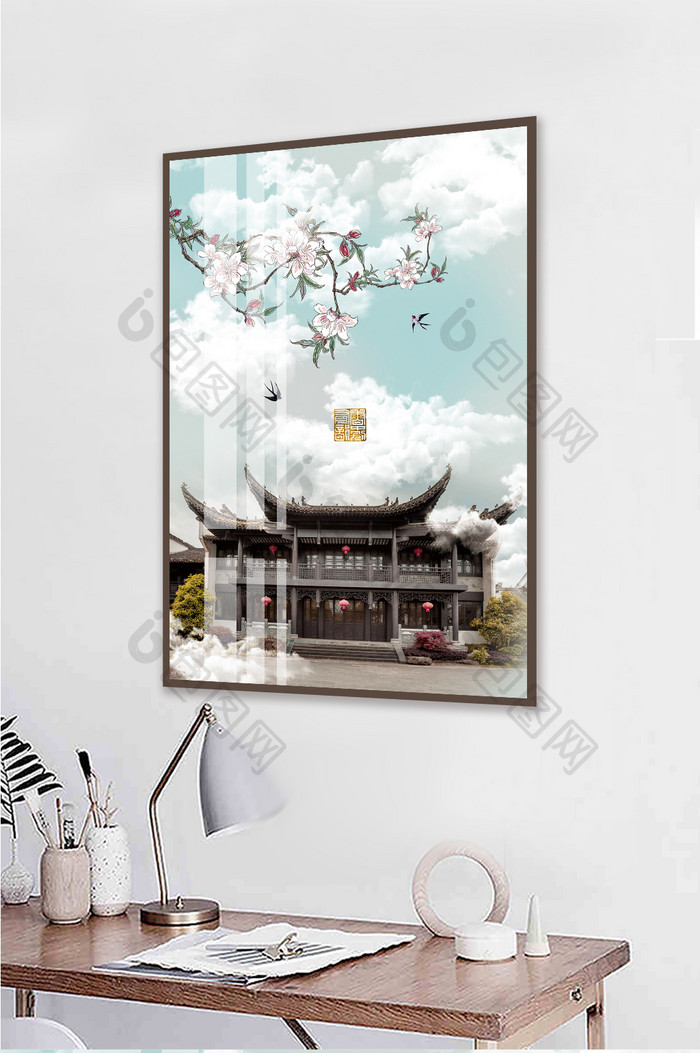 中国风文艺古建筑晶瓷风景书房酒店装饰画