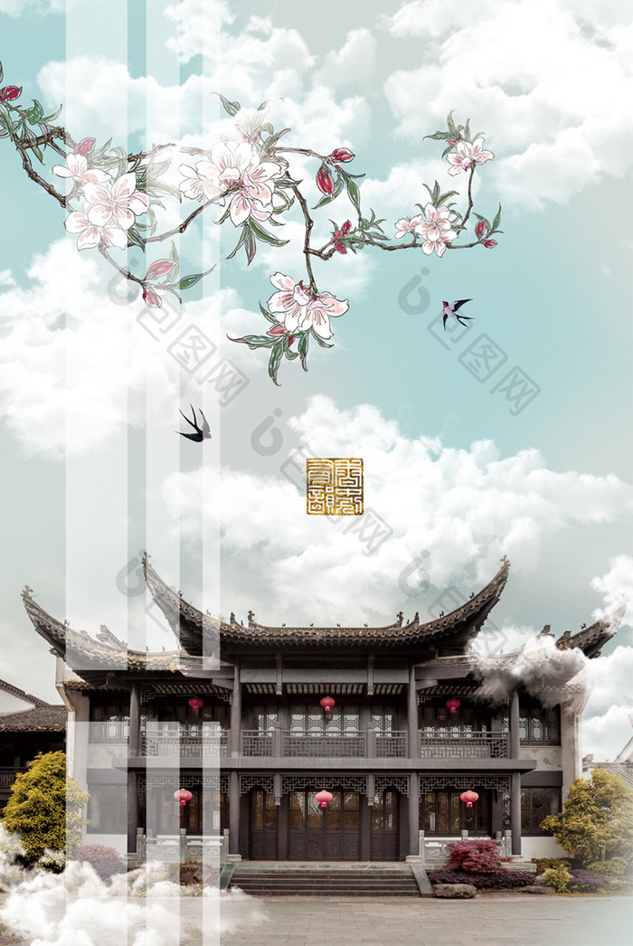 中国风文艺古建筑晶瓷风景书房酒店装饰画