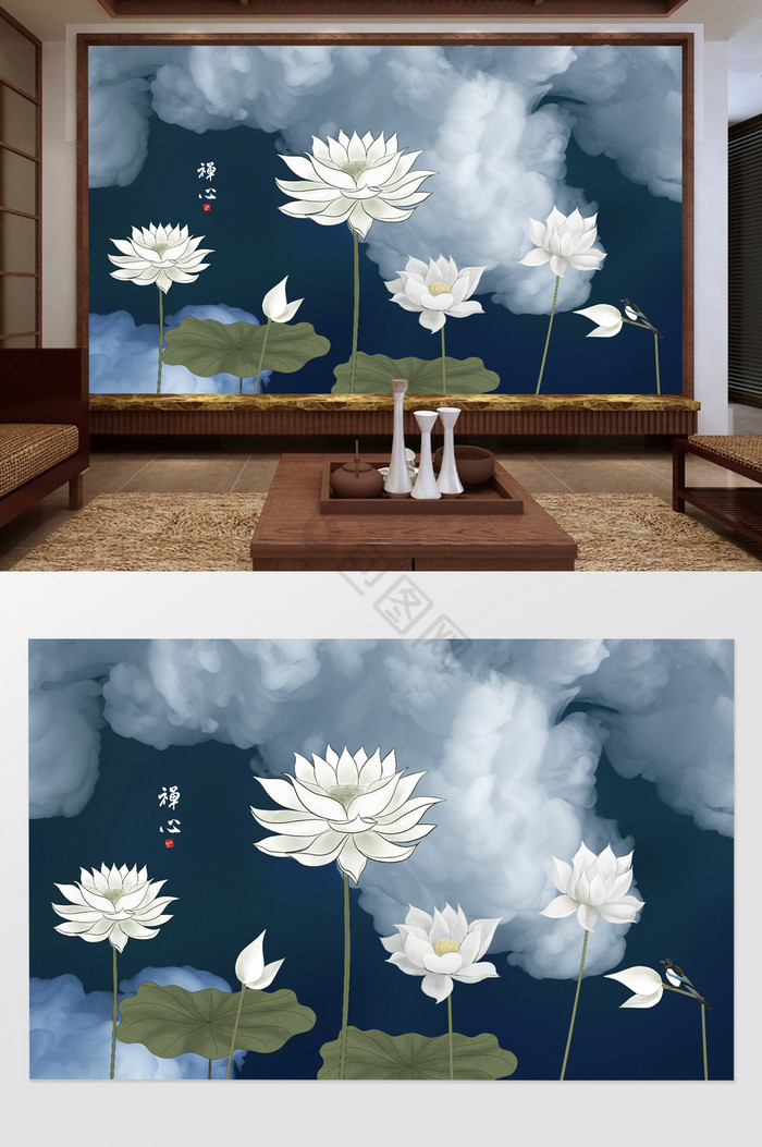 新中式创意水墨荷花背景墙装饰画定制