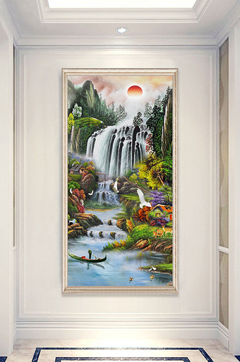 中式山水风景油画流水生财玄关装饰画图片