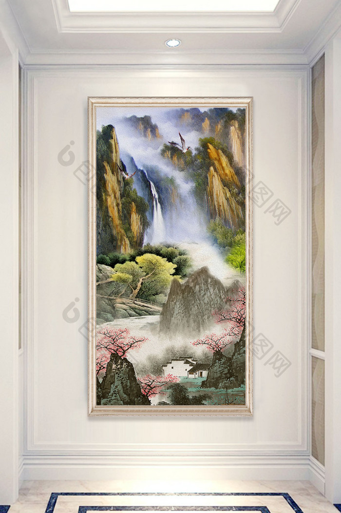 中式山水国画油画风景画瀑布图玄关装饰画