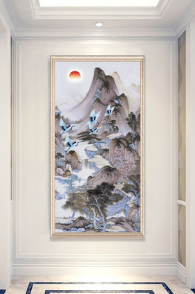 中式唯美油画山水画白鹤玄关装饰画