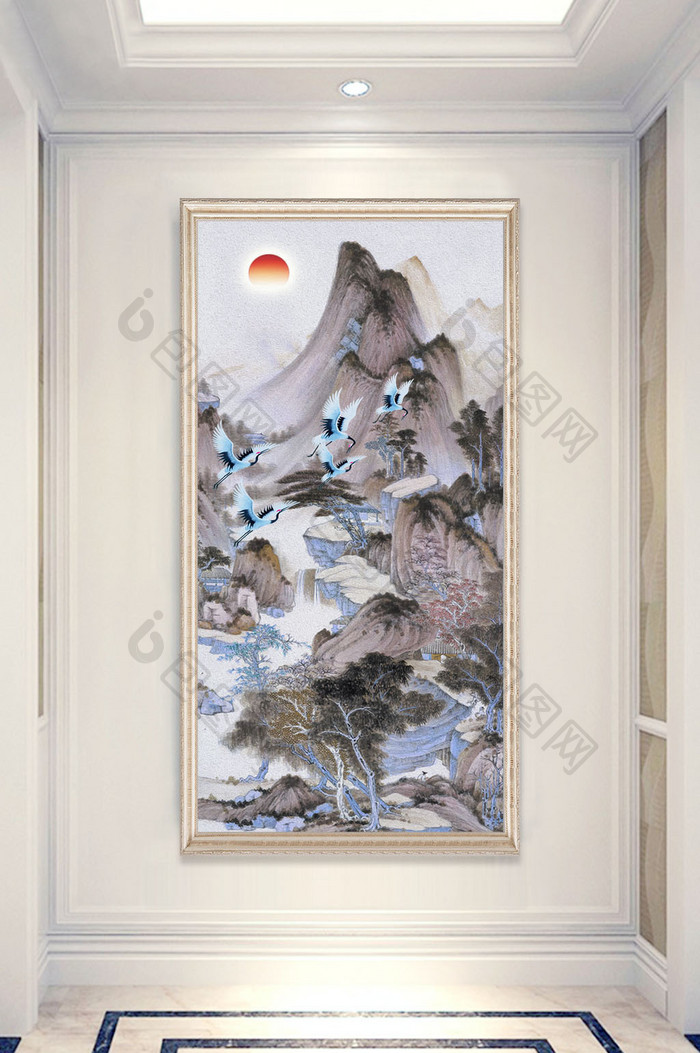 中式唯美油画山水画白鹤玄关装饰画