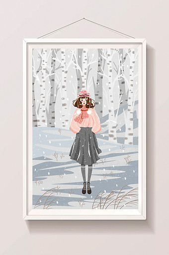 唯美冬季雪景冬季雪景插画户外雪中女孩插画图片