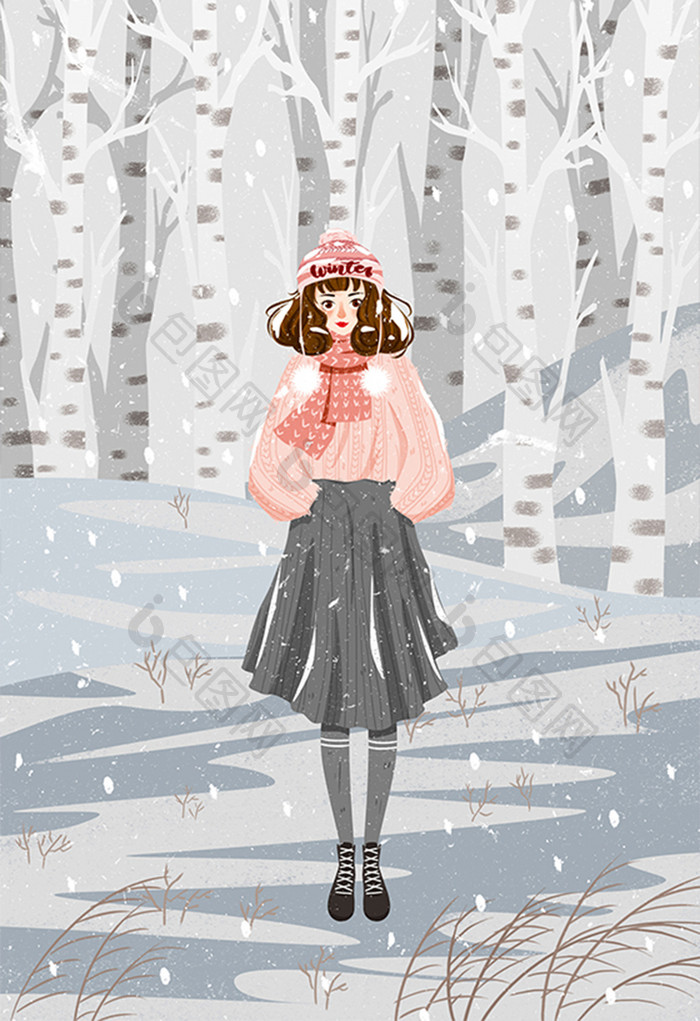 唯美冬季雪景冬季雪景插画户外雪中女孩插画