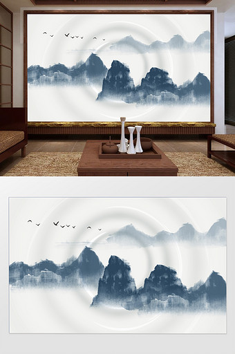 新中式蓝色水墨国画抽象山水壁画沙发背景墙图片