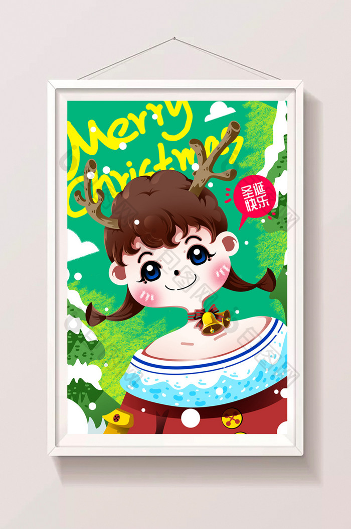圣诞节可爱驯鹿女孩圣诞节装扮手绘插画配图
