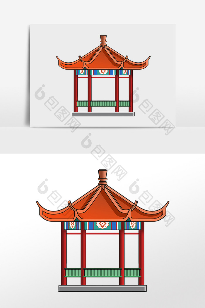 手绘中国古代亭子建筑插画元素