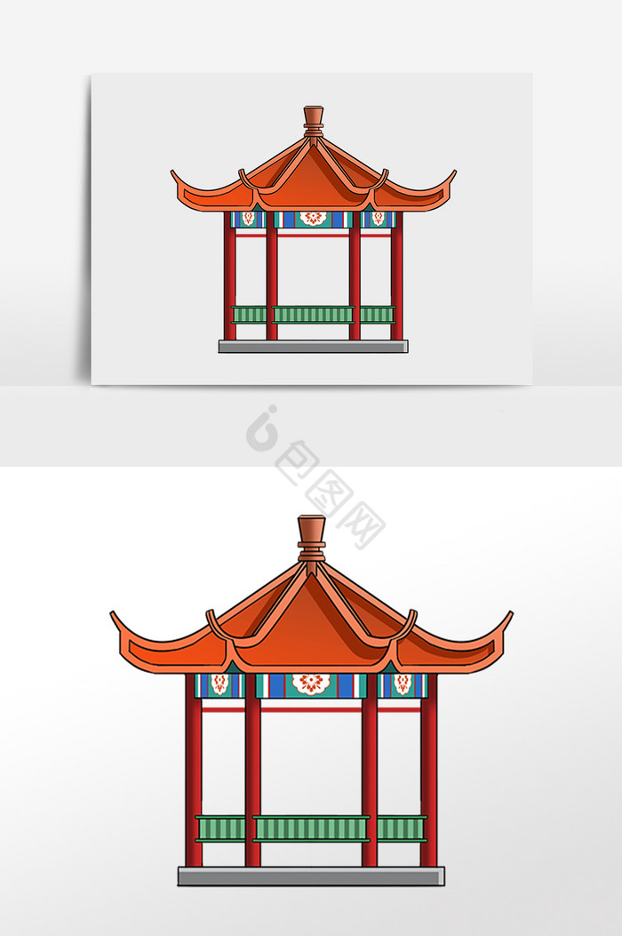 中国古代亭子建筑插画图片