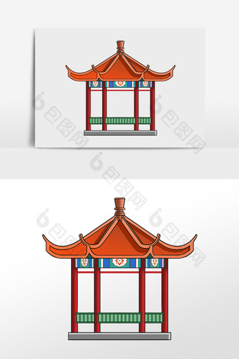 手绘中国古代亭子建筑插画元素图片