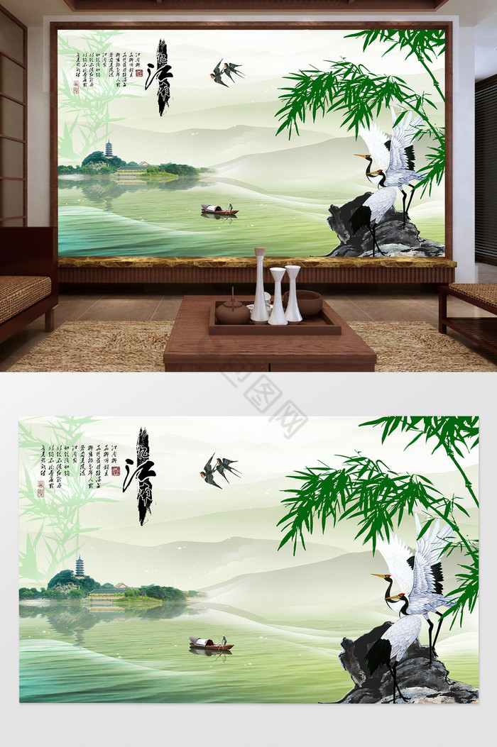 国画唯美江南风景背景墙图片