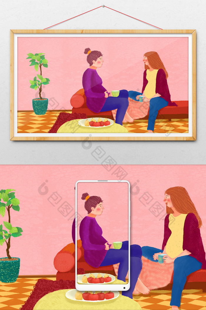 冬天孕妇在家聊天喝茶桌布图片