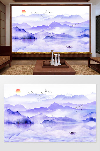新中式唯美意境风景山水画电视背景墙图片