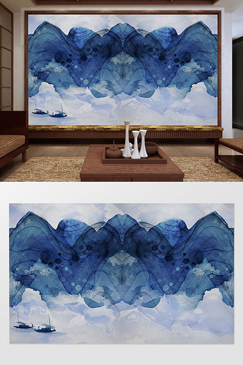 新中式抽象线条水墨山水画电视背景墙图片