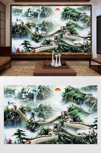 中式江山如画万里长城国画电视背景墙图片