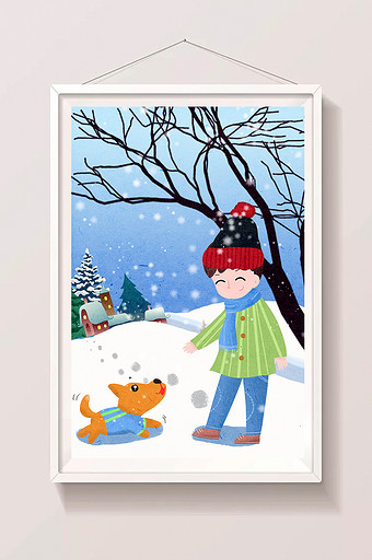 立冬小男孩遛狗下雪帽子围巾枯木手绘插画图片