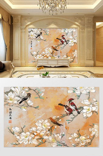 中国风水墨手绘唯美花鸟电视背景墙图片