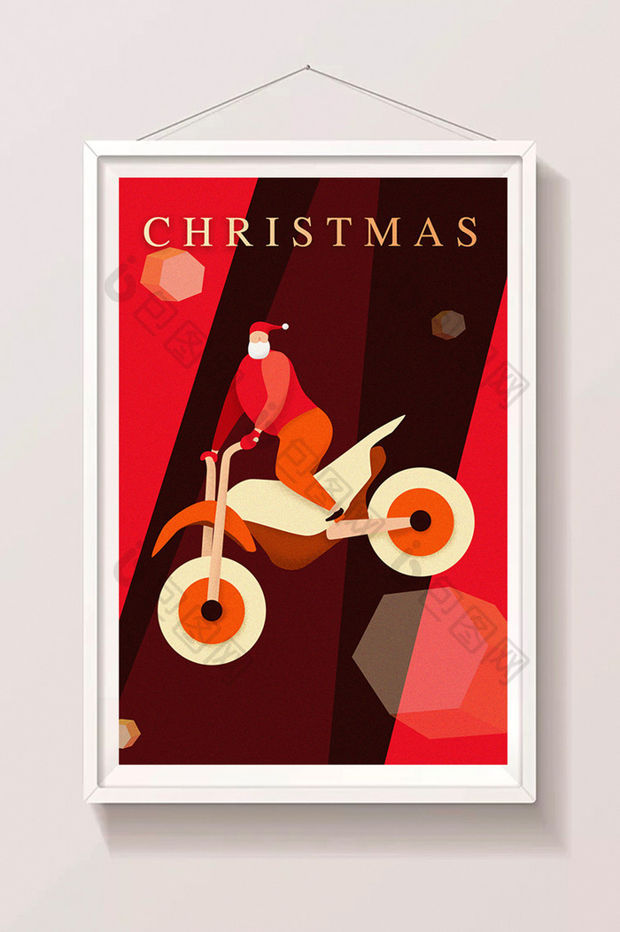 红色圣诞老人摩托飞车几何灯光抽象扁平插画