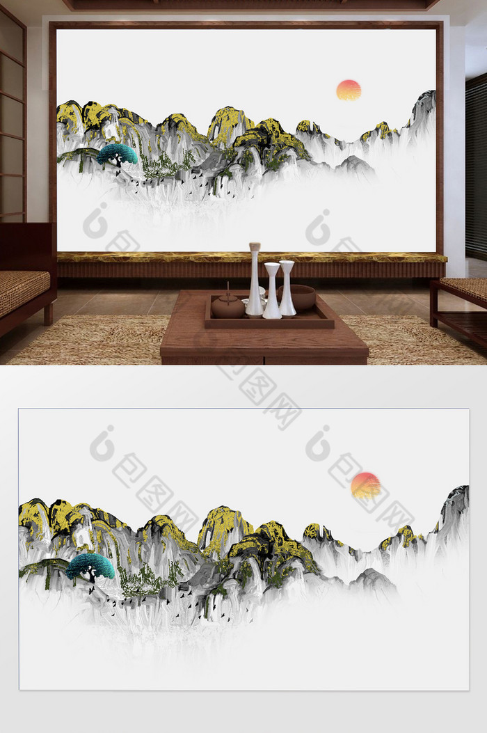 意境新中式山水国画水墨背景墙定制图片图片