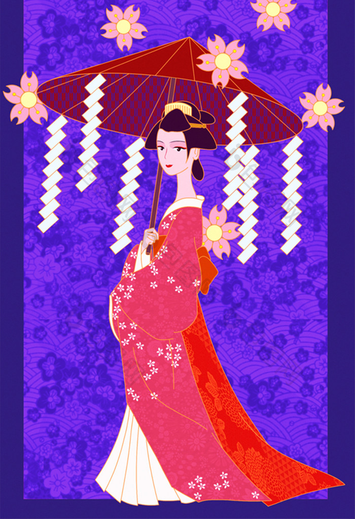 紫色浮世绘日本和风花魁艺伎复古华丽插画