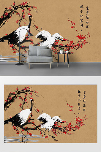 中国风水墨手绘白鹤花鸟背景墙图片