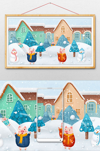 小清新冬季可爱小猪一家人打雪仗图片