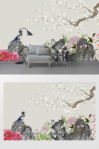 新中式手绘水墨花鸟和平颂电视背景墙图片